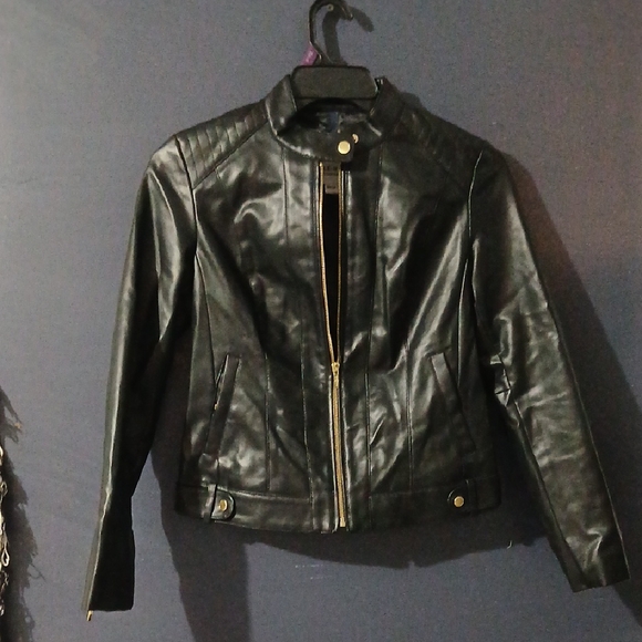 Cole Haan Jackets & Blazers - Cole Haan Black Faux Leather Zip Jacket with Silver Accents Size Small